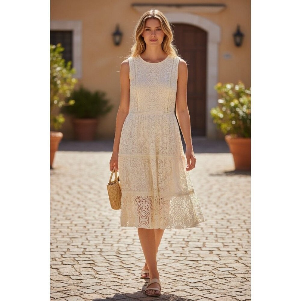 Hazel Sleeveless Lace Dress W/ Tiered Skirt & Back Zipper Ivory Small